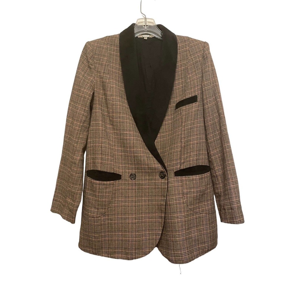 Gimmicks BKE Brown Plaid Tweed Blazer Women Size S Double Breasted Velvet Lapel